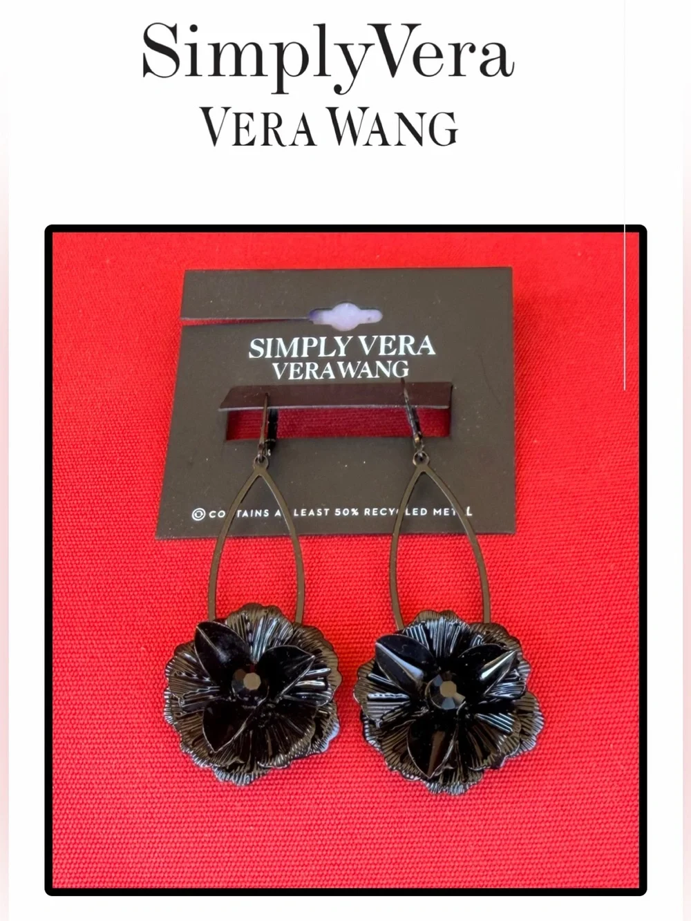VERA WANG Black Flower/Black Crystal Elongated Drop Earrings